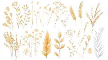 Collection of various beige and light gray botanical elements.