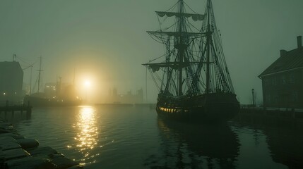Mystic Seascape: A Historic Sailing Ship Docked in a Fog-Laden Harbor at Dusk