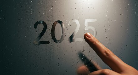Finger writing 2025 on a wet, foggy surface, a close-up indicating the coming year