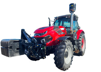 Obraz premium Farm tractor isolation on white background. Agricultural machinery. Red tractor background. Agricultural tractor for farm industry.