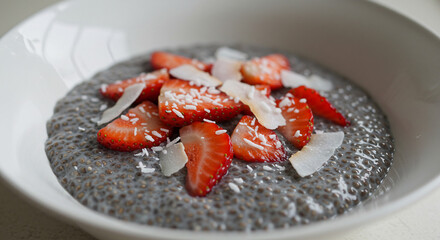 Chia Seed Pudding with Fresh Strawberries and Coconut Flakes in a White Bowl on a White Surface Close Up Shot