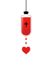 To commemorate World Blood Donation Day, a modern illustration depicts a blood bag with a medical sign and a heart bag, isolated on a white background, to promote donating blood to save lives