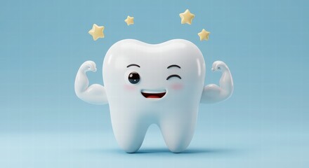 Cartoon Tooth with Muscles and Stars