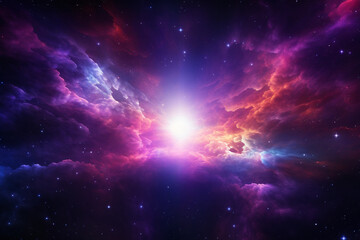 Naklejka premium A vivid and captivating image of a celestial event, where twin comets arc across a nebula-drenched sky, converging near a radiant supermoon, casting prismatic light over a crystalline mountain range b