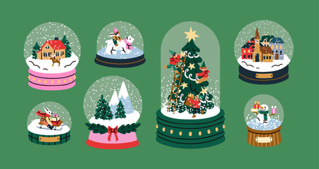 Snow globe with tiny festive scenes inside crystal balls. Transparent snowglobes, glass bubbles. Fairy magic snowballs with Christmas tree, house, winter holiday. Flat graphic vector illustrations