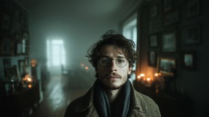 Obraz premium Young man in vintage clothing stands solemnly in dimly lit room filled with candles and framed portraits