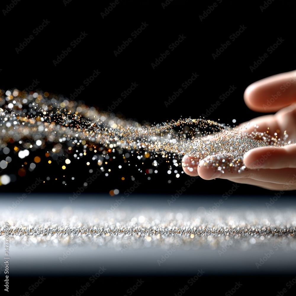 Poster golden and silver shimmering particles floating from a hand with a dark background, creating a magic