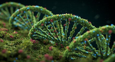 The Secret Garden of Life: DNA strands bloom like lush, vibrant plants in a dark, mysterious landscape, glowing with an ethereal light.
