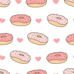 Cute lovely hand drawn cartoon delicious pink donuts and hearts seamless vector pattern illustration background