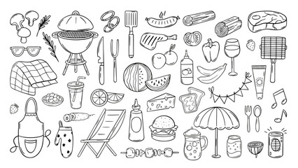 Bbq party doodle. Barbeque elements, meat steak, grill, plaid, burger, garden chair. Outdoor park picnic elements, isolated food and drinks, neoteric vector set