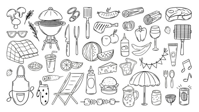 Bbq party doodle. Barbeque elements, meat steak, grill, plaid, burger, garden chair. Outdoor park picnic elements, isolated food and drinks, neoteric vector set