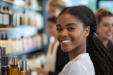 Confident young beauty consultant smiling warmly in a high-end cosmetics store, with shelves filled with elegant skincare bottles in the background and blurred colleagues engaged in customer service.