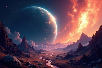 Gas giant dominates a swirling nebula landscape , fantasy, vibrant, gas giant