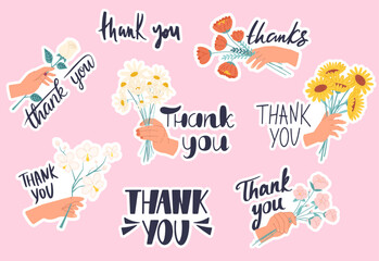 Hands with flowers and lettering text thank you. Thanksgiving phrases for mother, parents, grandmother, wife. Gifting flower, vector stickers pack