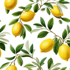 Seamless repeat pattern featuring hand-painted lemons in watercolor style, with olive branches and subtle splashes, yellow, olive green, and white, isolated on white background, Mediterranean summer
