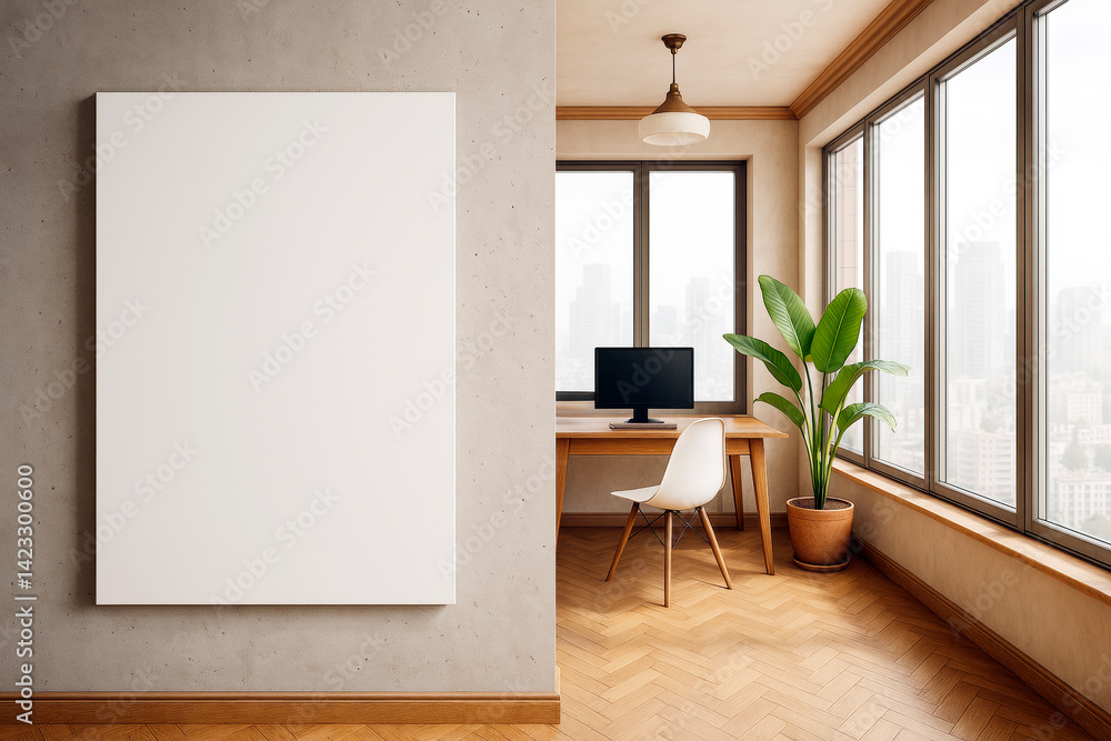 Poster vertical blank poster frame on modern office wall with desktop setup and city view from large window