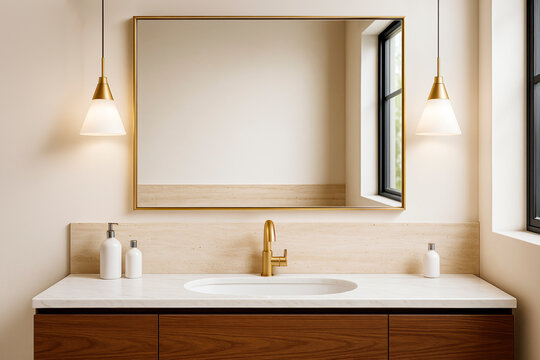 Elegant modern bathroom interior with gold fixtures, large mirror, and warm lighting in front view with minimalist decor and natural light source.
