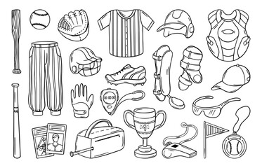 Baseball doodle items. Sport equipment for baseball play, competition or workout. Hand drawn helmet, sporty clothes, boots, ball and bat, neoteric vector set