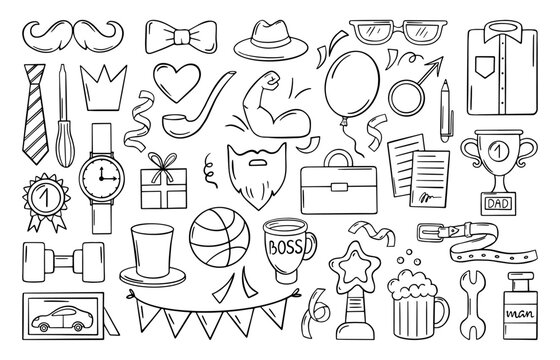 Fathers day doodle. Male items, glasses hat mustache beer tie. Sketch style drawing men accessories, work and hobby elements, neoteric vector set