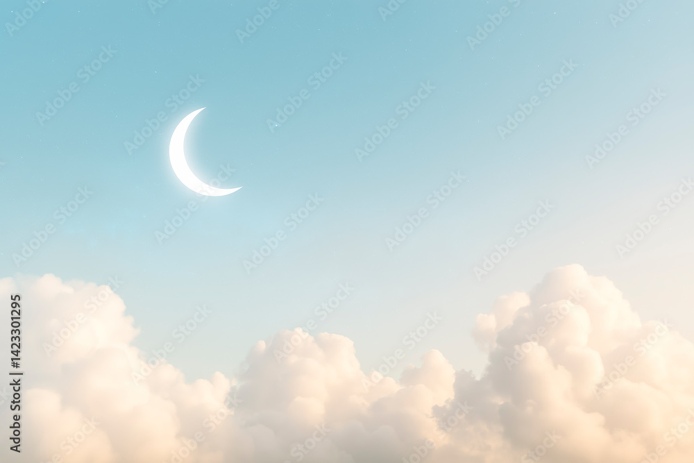 Poster crescent moon glowing in soft blue sky above fluffy clouds during twilight, dreamy celestial backgro