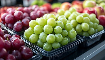 Freshly picked green and red grapes stacked in containers at a vibrant fruit market