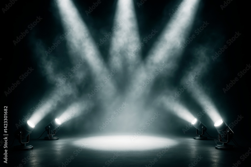 Poster empty dark stage with dramatic white spotlights and smoke background for product presentation or bra