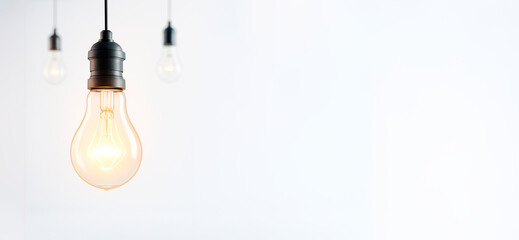 Glowing hanging lightbulb in focus with blurred background bulbs on white background symbolizing creative idea and innovation concept.