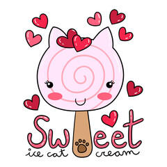 Color illustration of a strawberry ice cream cat with sweet candy hearts and smiling, design for a t-shirt.