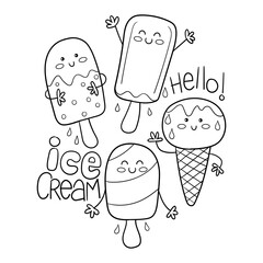Illustration in black and white of four ice creams of different flavors: vanilla, strawberry, and chocolate, all very smiley and sweet, coloring page