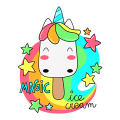 Color illustration of an ice cream unicorn with sweet candy stars and smiling on a rainbow background, design for a T-shirt.