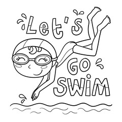 Illustration in black and white of a smiling little girl swimming in the pool, coloring page