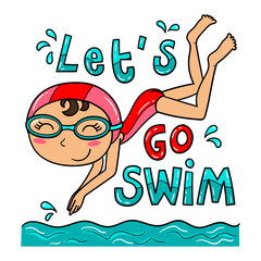 Color illustration of a smiling little girl swimming in the pool, design for a t-shirt