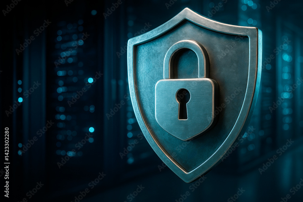 Aufkleber Cybersecurity concept with metallic padlock symbol on shield over digital server background representing data protection and privacy online.