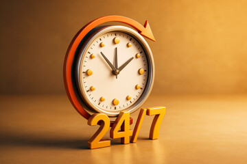 Creative clock with 24/7 signage symbolizing always open business concept on warm light background. Ai generative.