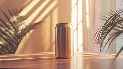 Fototapeta premium The image features a watermelon-flavored can, fresh fruit, in an outdoor scene