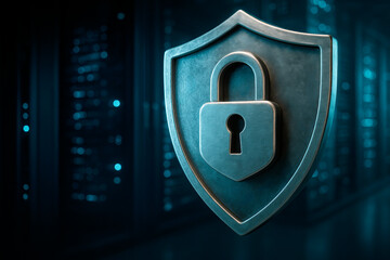 Cybersecurity concept with metallic padlock symbol on shield over digital server background representing data protection and privacy online.