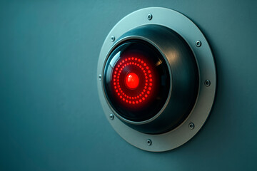 Futuristic red eye camera lens mounted on metallic circular base against teal wall background in dark lighting, symbolizing artificial intelligence focus.