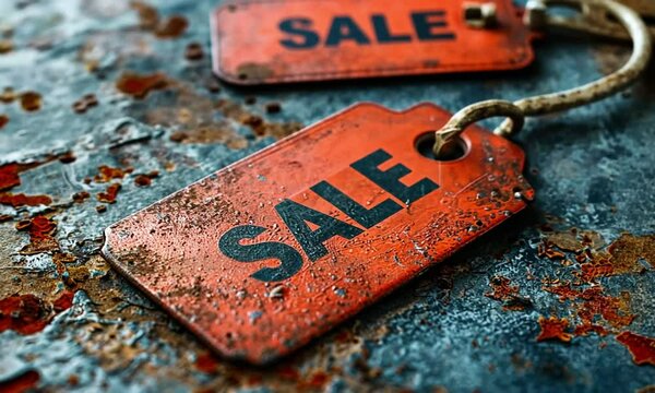 Rusty sale tags on weathered metal.