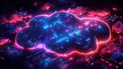 Futuristic cloud computing concept with vibrant neon colors and digital data flow in background