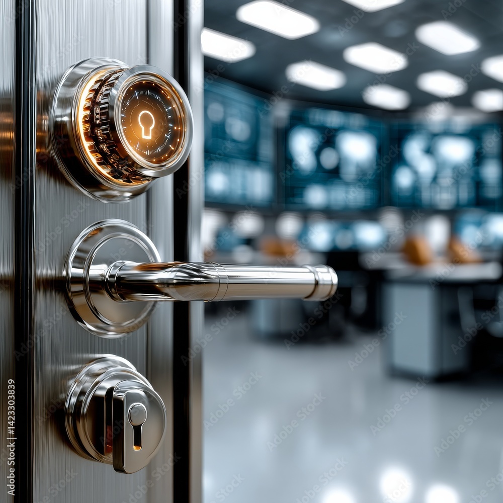 Poster securing the future: a glimpse inside a high-tech control room through an advanced vault door