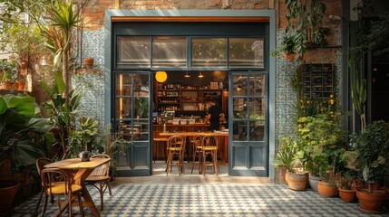 Charming indoor-outdoor cafe with vibrant greenery.