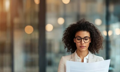 A woman with curly hair reads a document in a modern office setting.