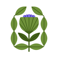Flower, floral branch with bloom and leaves. Symmetry form, shape, botanical decoration. Spring blossom, quirky stem. Summer wildflower. Flat vector illustration isolated on white background