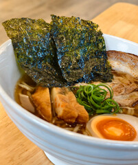Delicious bowl of ramen with toppings