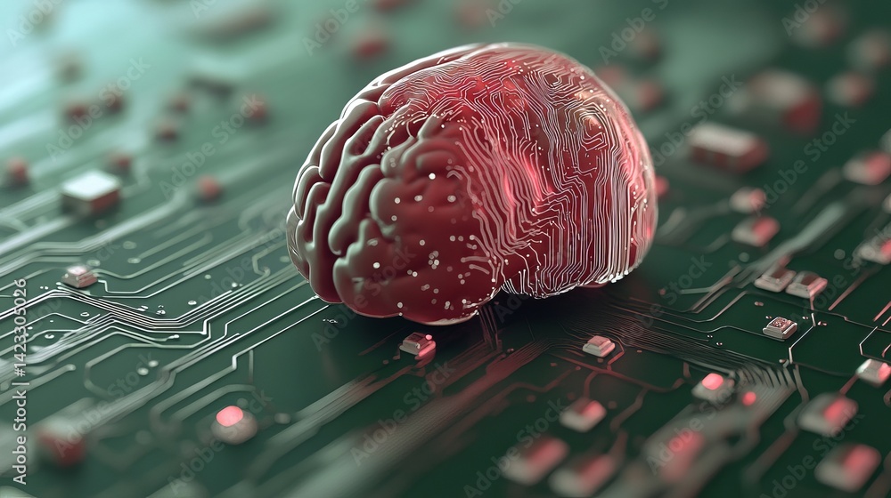 Poster human brain model on circuit board digital technology concept 3d red data green future render design