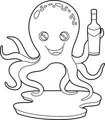 Octopus Bottle Wine Animal Vector Graphic Art Illustration