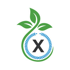 Eco Logo On Letter X With Green Leaf and Ribbon Symbol