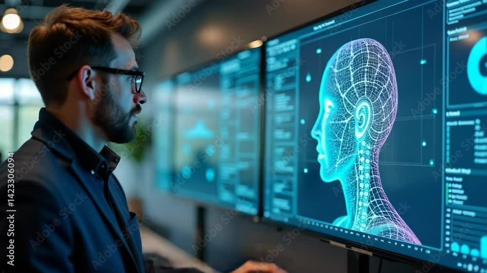 Poster Scientist analyzing digital head model with data visualization  