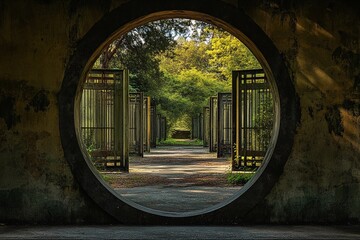Round gate leading to a series of similar gates in a serene outdoor environment