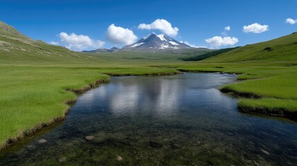 Pristine mountain valley, reflecting peak